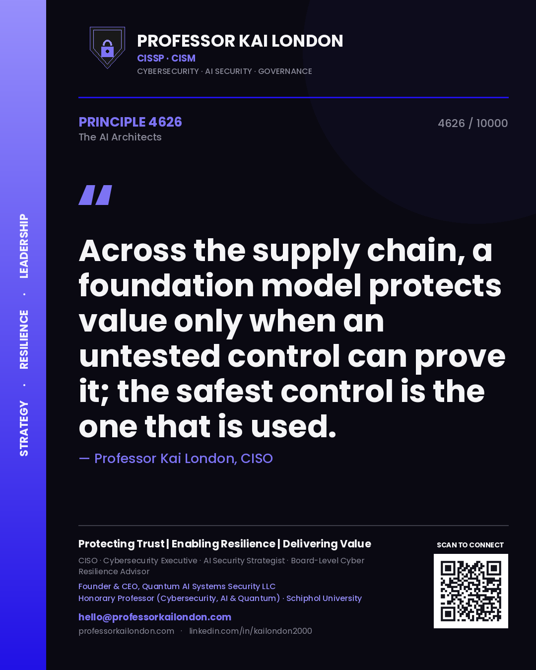 Quote card by Professor Kai London reading 'Across the supply chain, a foundation model protects value only when an untested control can prove it; the safest control is the one that is used.'. From the book The AI Architects.