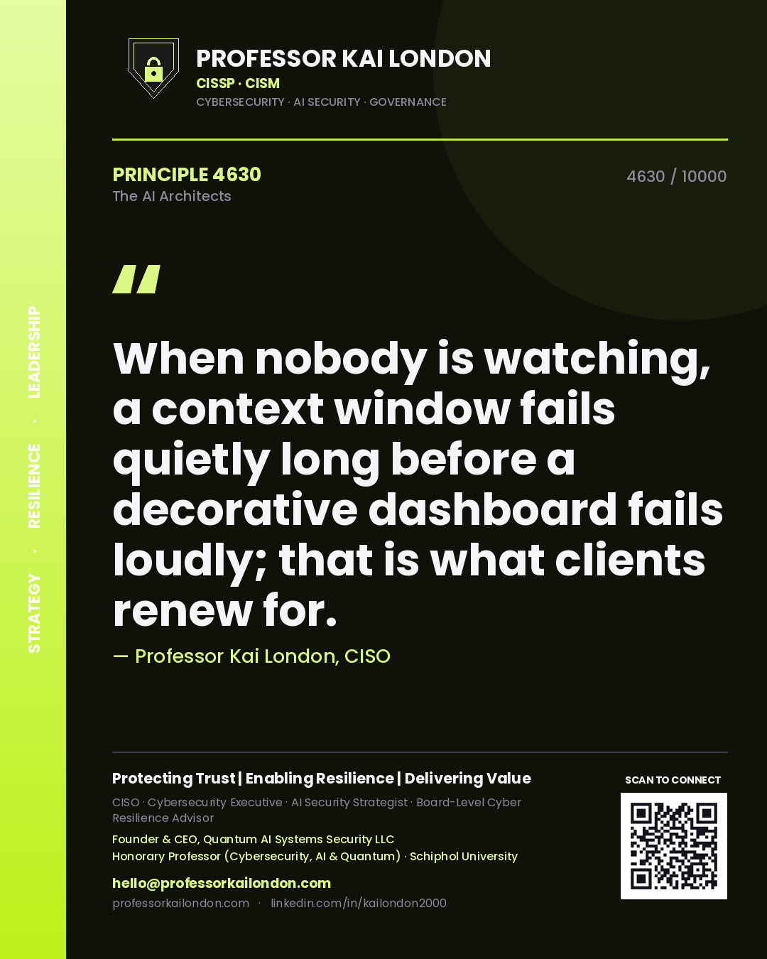 Quote card by Professor Kai London reading 'When nobody is watching, a context window fails quietly long before a decorative dashboard fails loudly; that is what clients renew for.'. From the book The AI Architects.