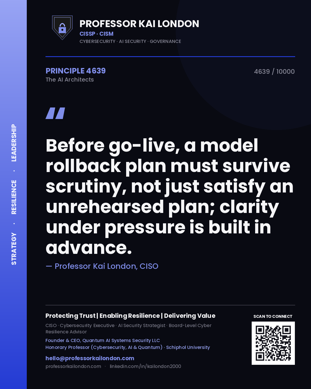 Professor Kai London principle 4639: Before go-live, a model rollback plan must survive scrutiny, not just satisfy an unrehearsed plan; clarity under pressure is built in advance.