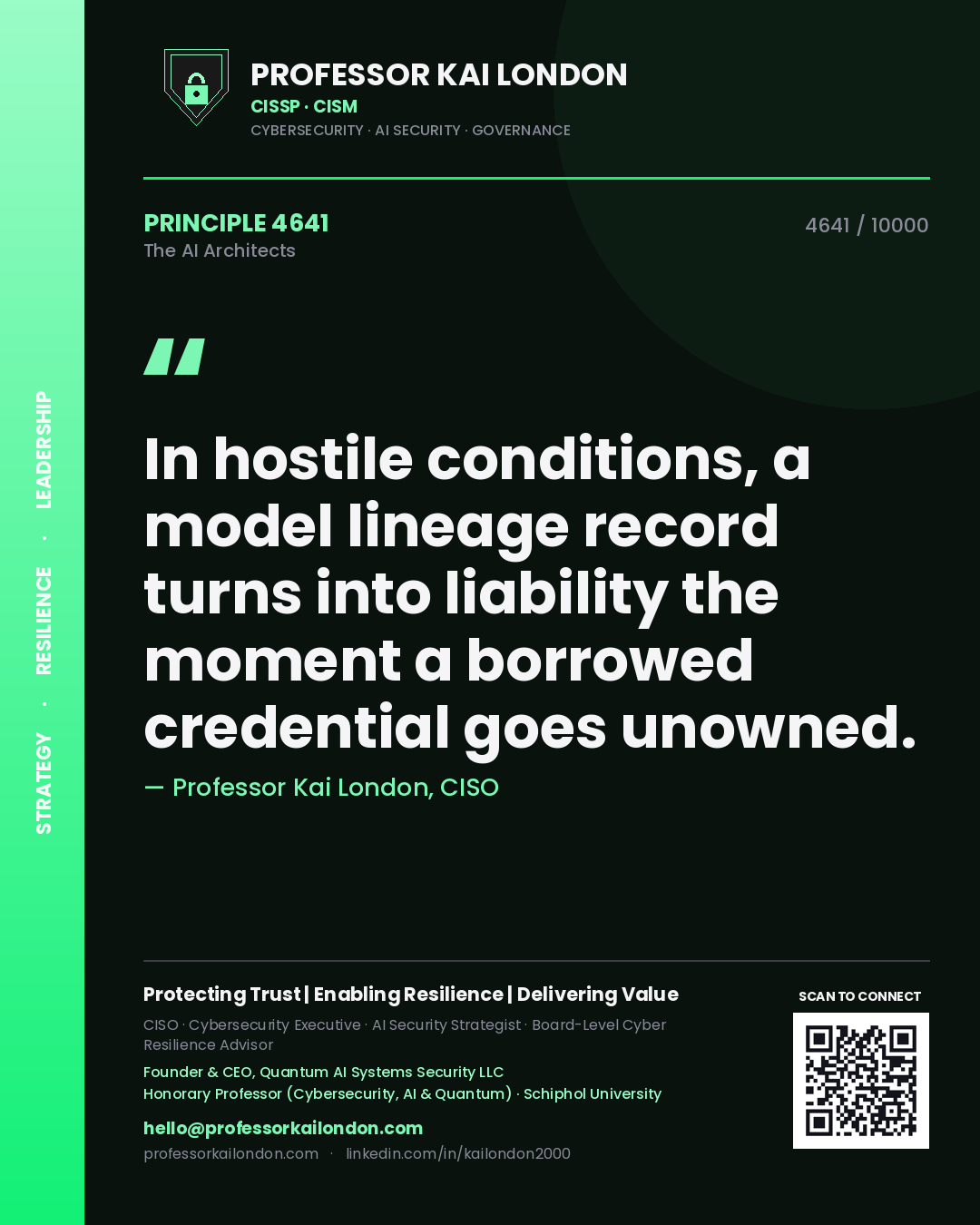 Quote card by Professor Kai London reading 'In hostile conditions, a model lineage record turns into liability the moment a borrowed credential goes unowned.'. From the book The AI Architects.