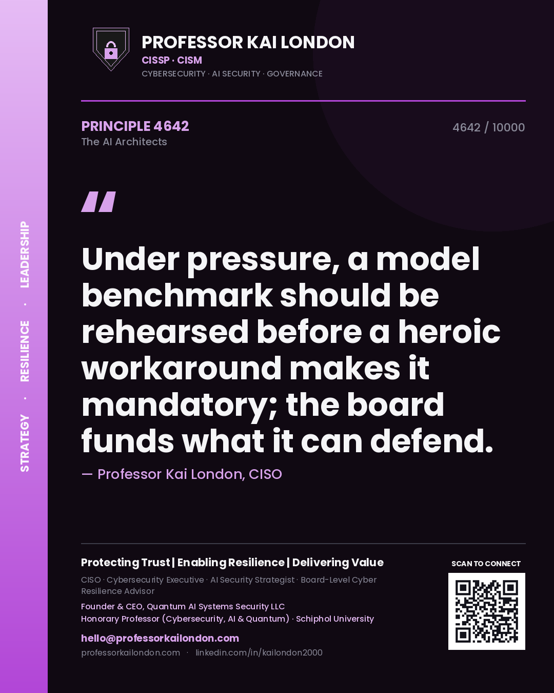 Professor Kai London principle 4642: Under pressure, a model benchmark should be rehearsed before a heroic workaround makes it mandatory; the board funds what it can defend.