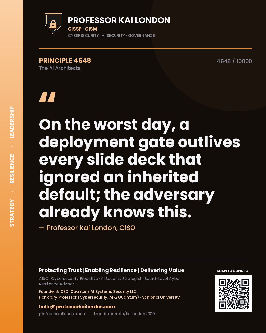 Professor Kai London principle 4648: On the worst day, a deployment gate outlives every slide deck that ignored an inherited default; the adversary already knows this.