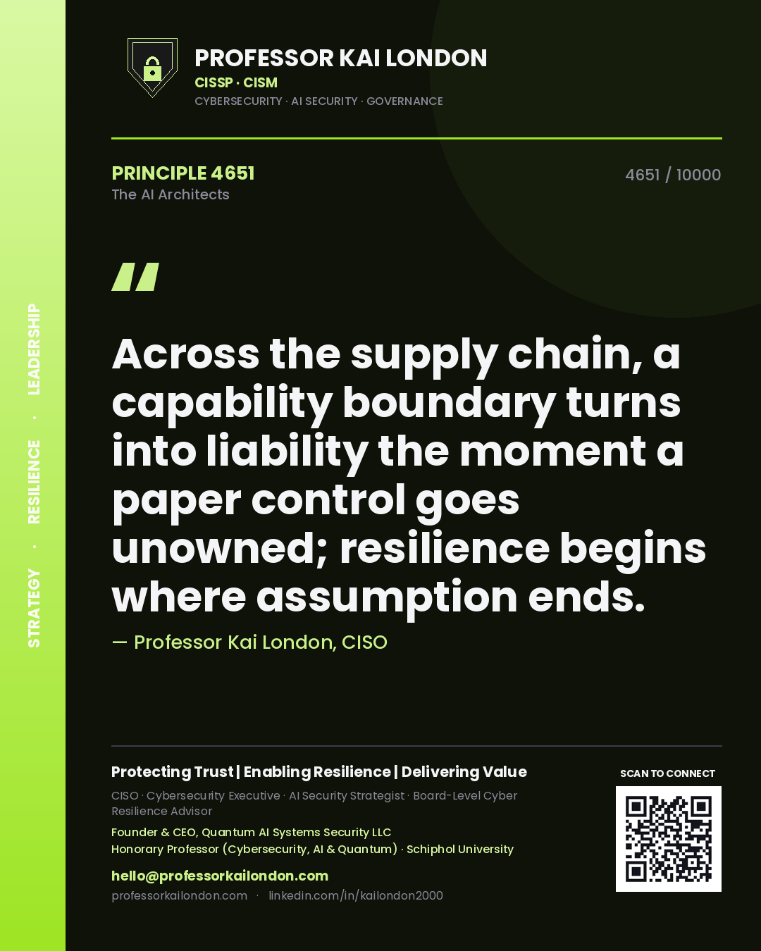Professor Kai London principle 4651: Across the supply chain, a capability boundary turns into liability the moment a paper control goes unowned; resilience begins where assumption ends.