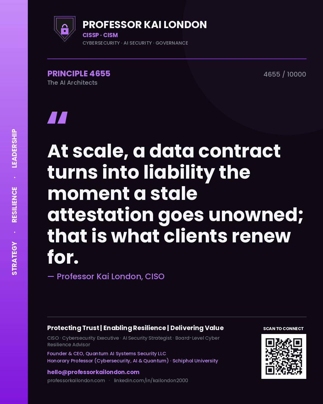 Quote card by Professor Kai London reading 'At scale, a data contract turns into liability the moment a stale attestation goes unowned; that is what clients renew for.'. From the book The AI Architects.