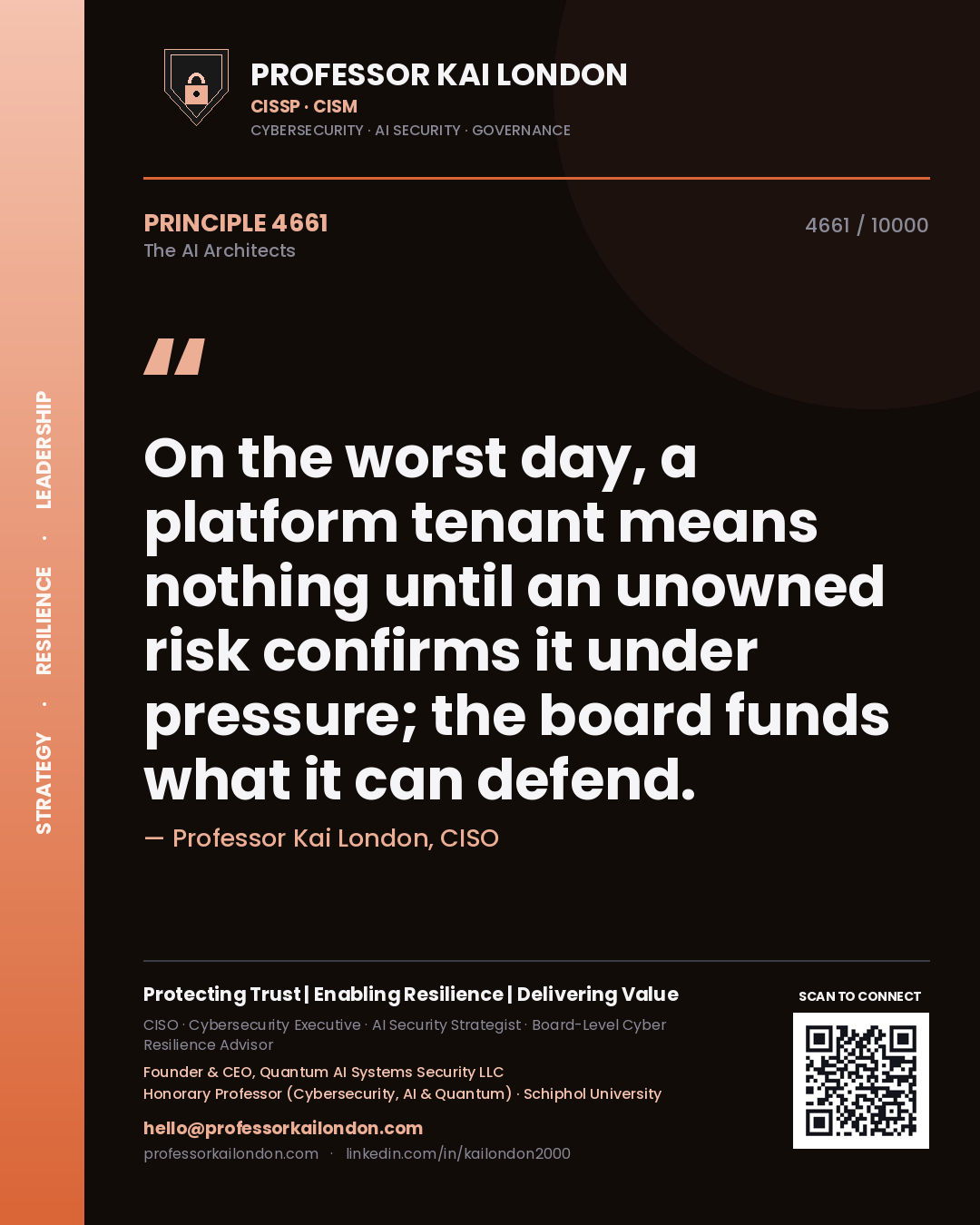 Professor Kai London principle 4661: On the worst day, a platform tenant means nothing until an unowned risk confirms it under pressure; the board funds what it can defend.