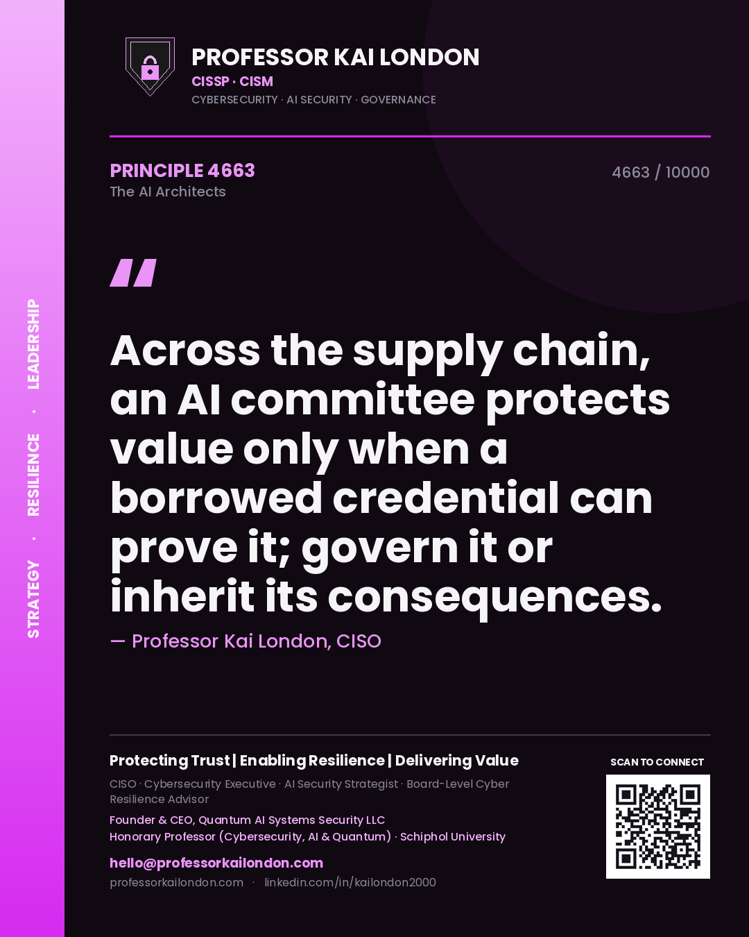 Professor Kai London principle 4663: Across the supply chain, an AI committee protects value only when a borrowed credential can prove it; govern it or inherit its consequences.