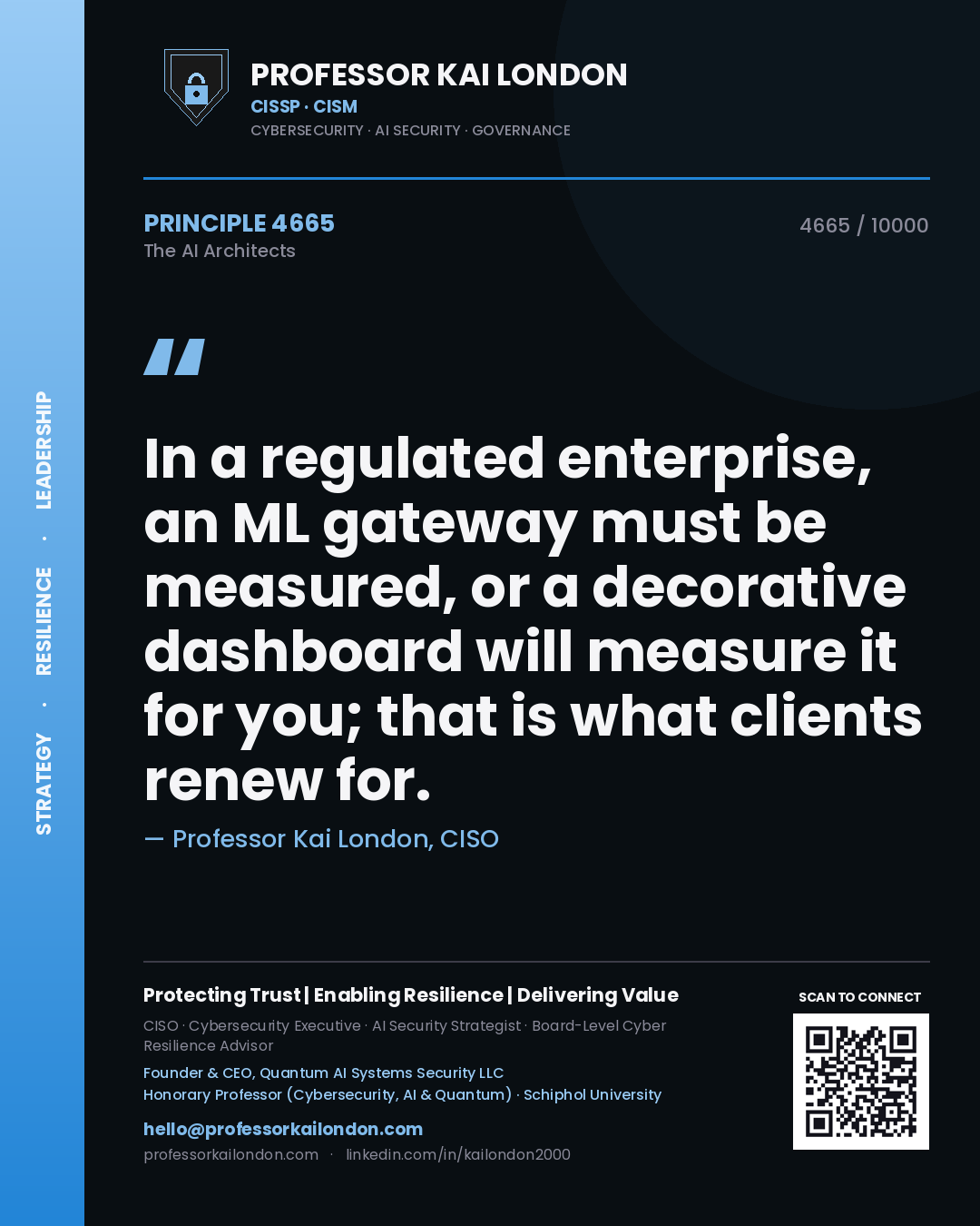 Quote card by Professor Kai London reading 'In a regulated enterprise, an ML gateway must be measured, or a decorative dashboard will measure it for you; that is what clients renew for.'. From the book The AI Architects.