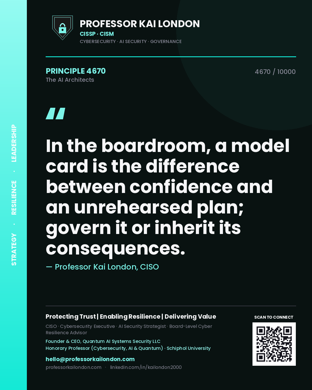 Professor Kai London principle 4670: In the boardroom, a model card is the difference between confidence and an unrehearsed plan; govern it or inherit its consequences.