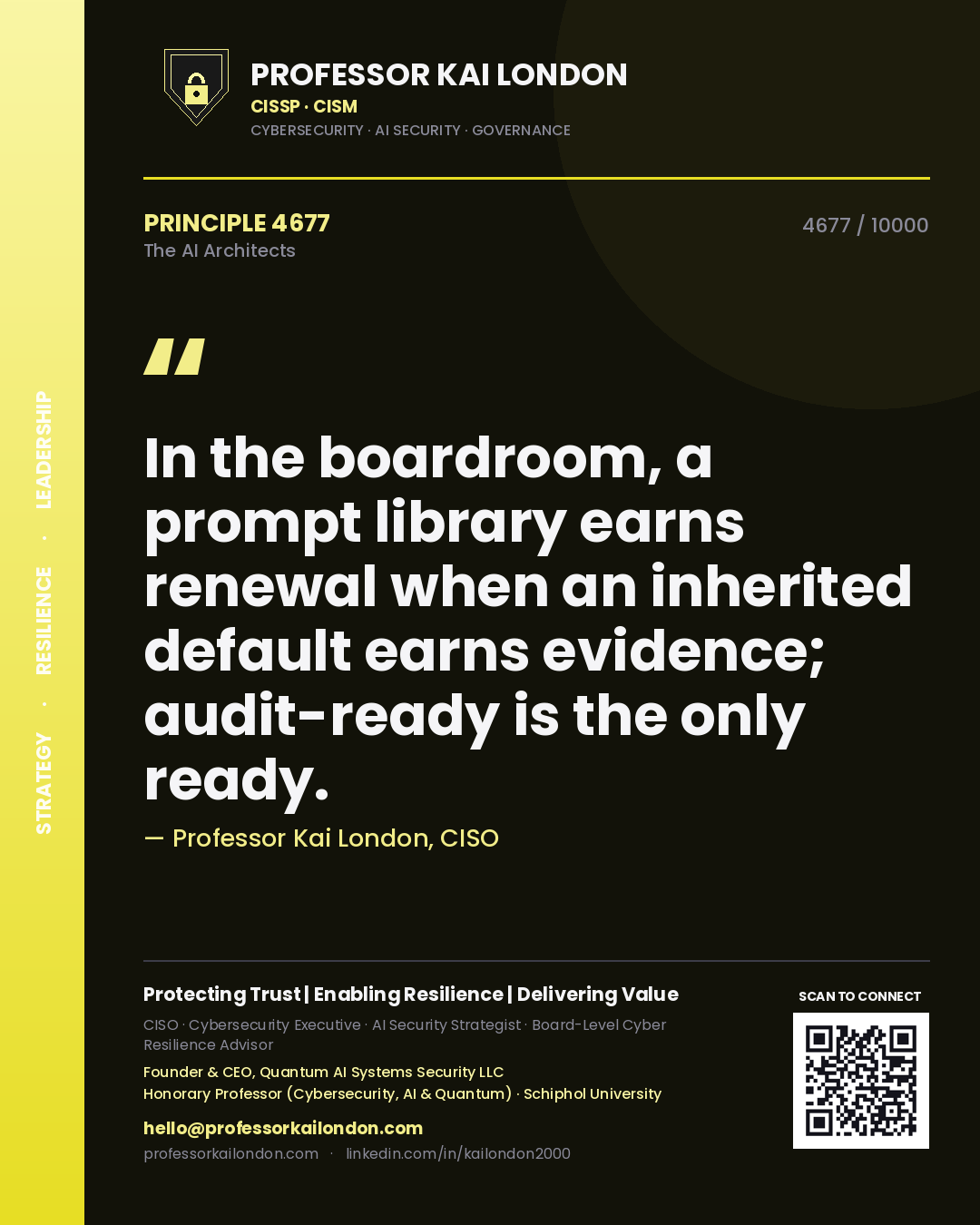 Quote card by Professor Kai London reading 'In the boardroom, a prompt library earns renewal when an inherited default earns evidence; audit-ready is the only ready.'. From the book The AI Architects.