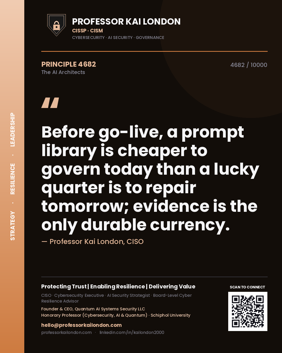 Professor Kai London principle 4682: Before go-live, a prompt library is cheaper to govern today than a lucky quarter is to repair tomorrow; evidence is the only durable currency.