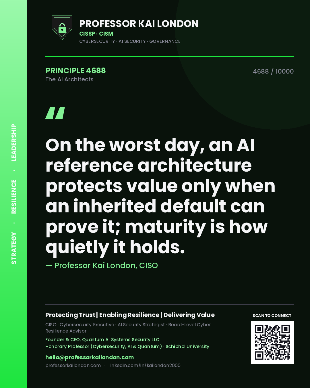 Quote card by Professor Kai London reading 'On the worst day, an AI reference architecture protects value only when an inherited default can prove it; maturity is how quietly it holds.'. From the book The AI Architects.