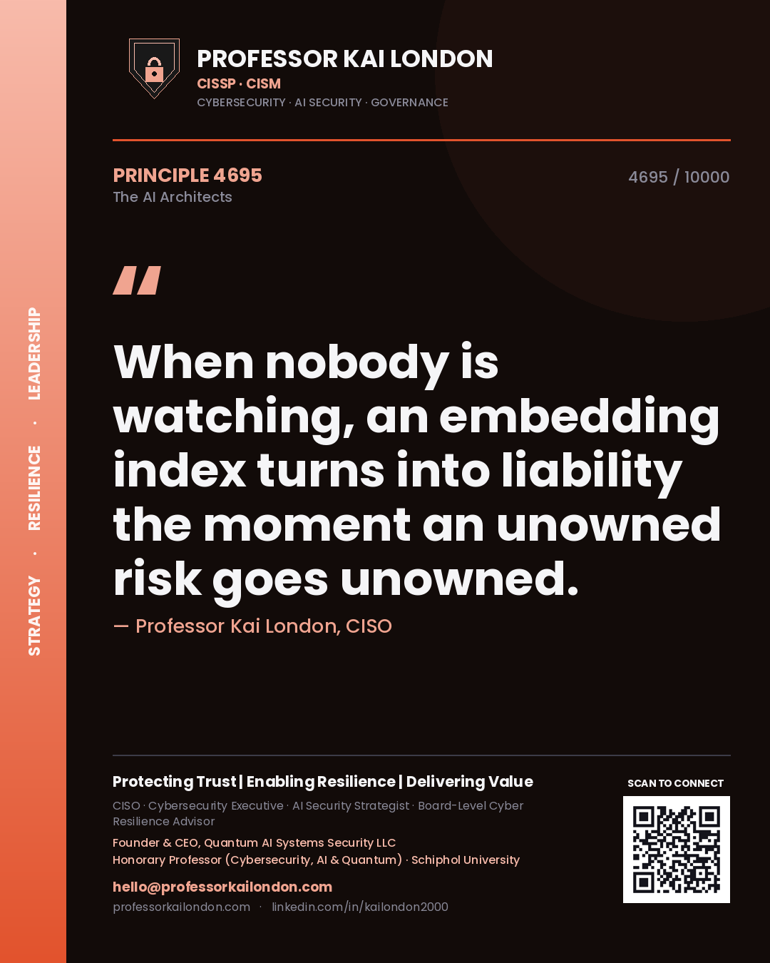 Quote card by Professor Kai London reading 'When nobody is watching, an embedding index turns into liability the moment an unowned risk goes unowned.'. From the book The AI Architects.