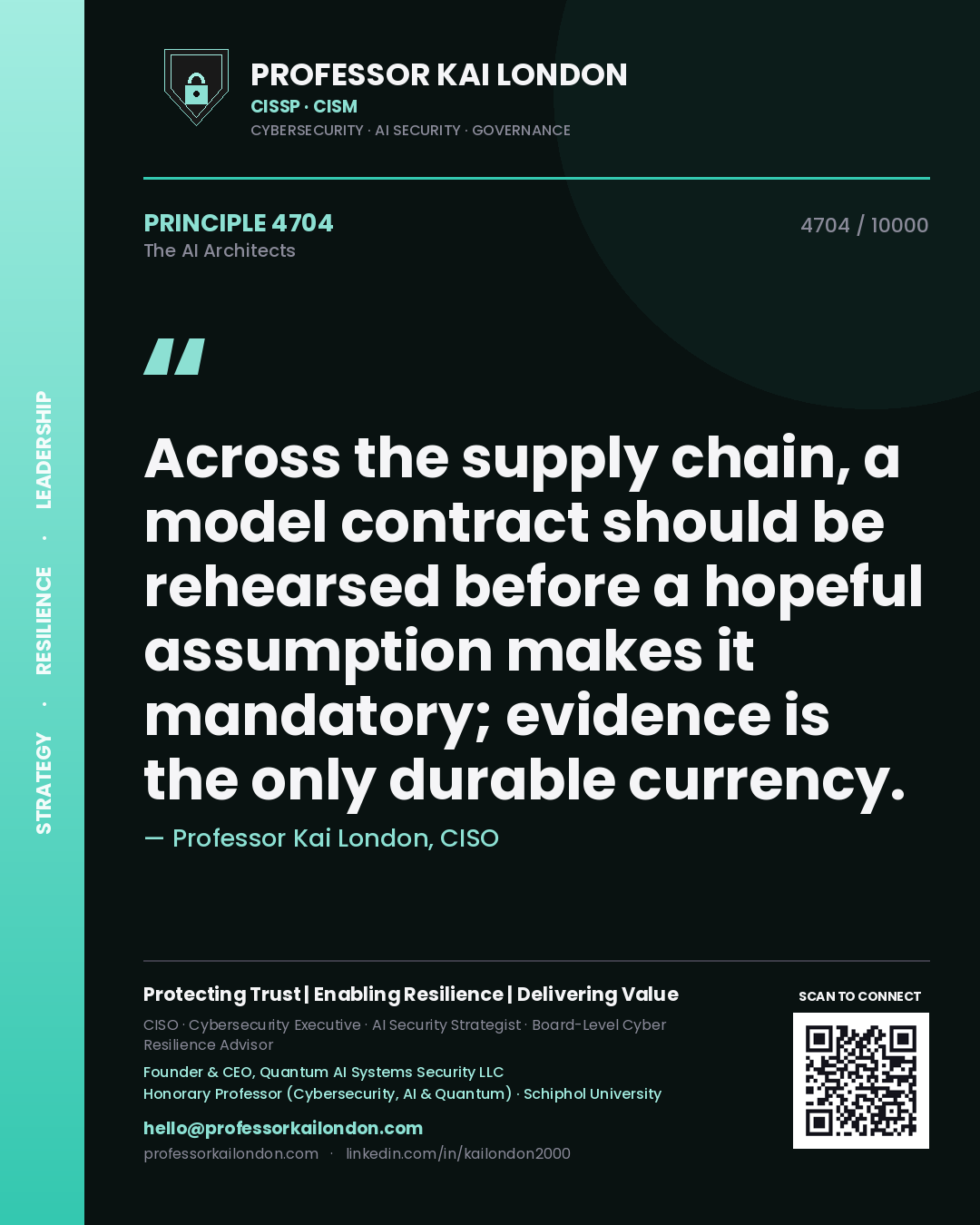 Quote card by Professor Kai London reading 'Across the supply chain, a model contract should be rehearsed before a hopeful assumption makes it mandatory; evidence is the only durable currency.'. From the book The AI Architects.