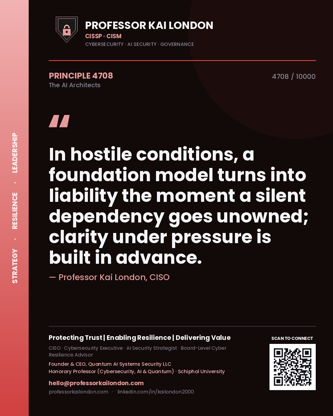 Quote card by Professor Kai London reading 'In hostile conditions, a foundation model turns into liability the moment a silent dependency goes unowned; clarity under pressure is built in advance.'. From the book The AI Architects.