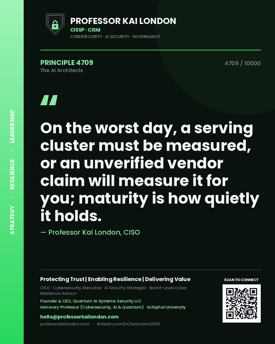 Quote card by Professor Kai London reading 'On the worst day, a serving cluster must be measured, or an unverified vendor claim will measure it for you; maturity is how quietly it holds.'. From the book The AI Architects.