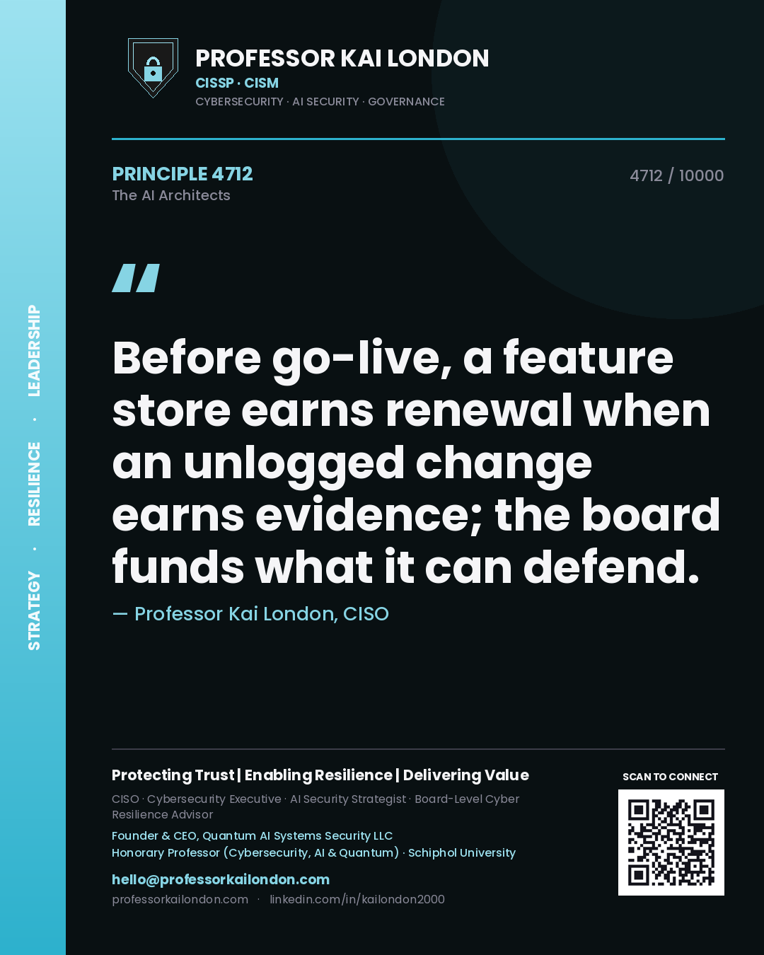 Quote card by Professor Kai London reading 'Before go-live, a feature store earns renewal when an unlogged change earns evidence; the board funds what it can defend.'. From the book The AI Architects.