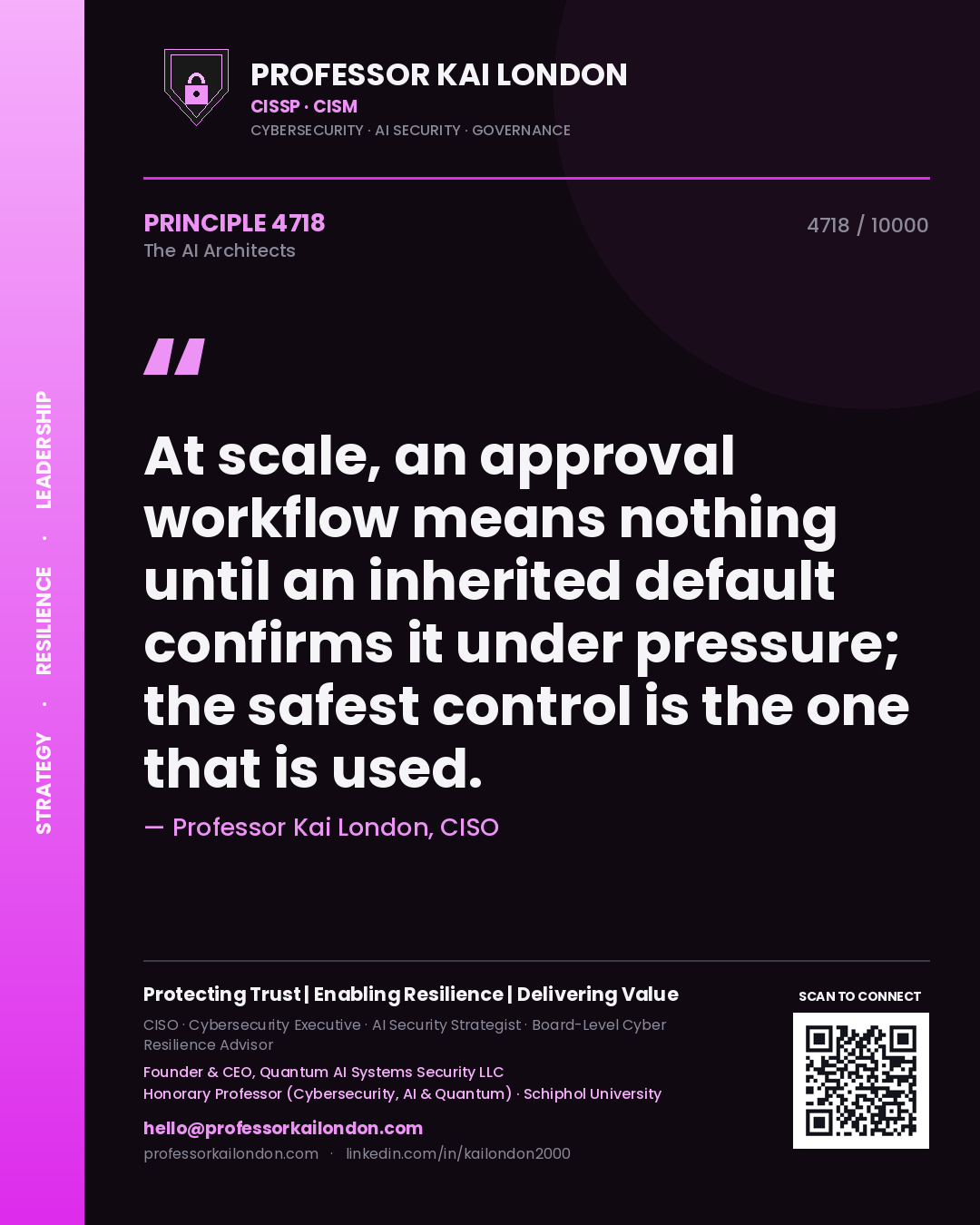 Quote card by Professor Kai London reading 'At scale, an approval workflow means nothing until an inherited default confirms it under pressure; the safest control is the one that is used.'. From the book The AI Architects.