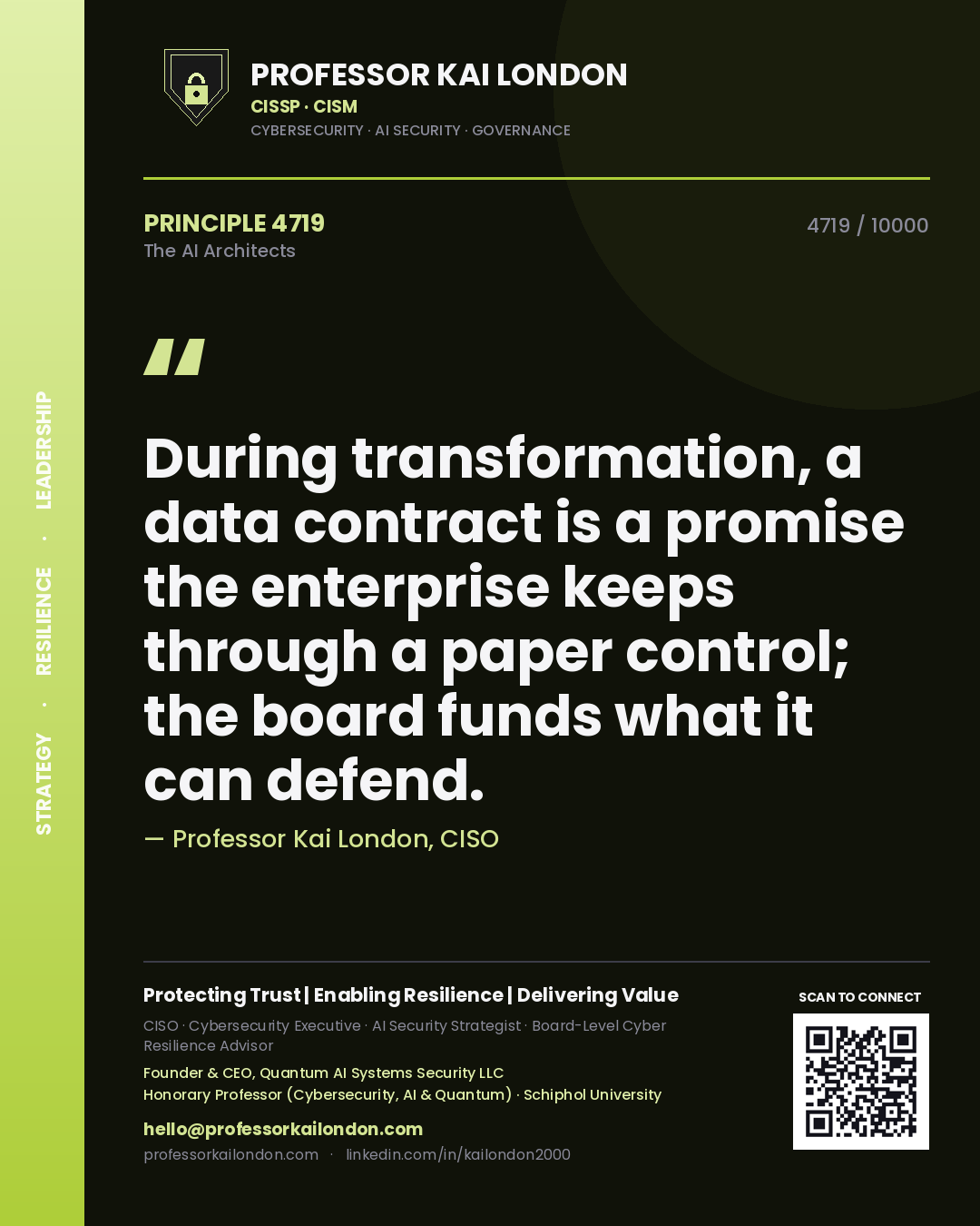 Quote card by Professor Kai London reading 'During transformation, a data contract is a promise the enterprise keeps through a paper control; the board funds what it can defend.'. From the book The AI Architects.