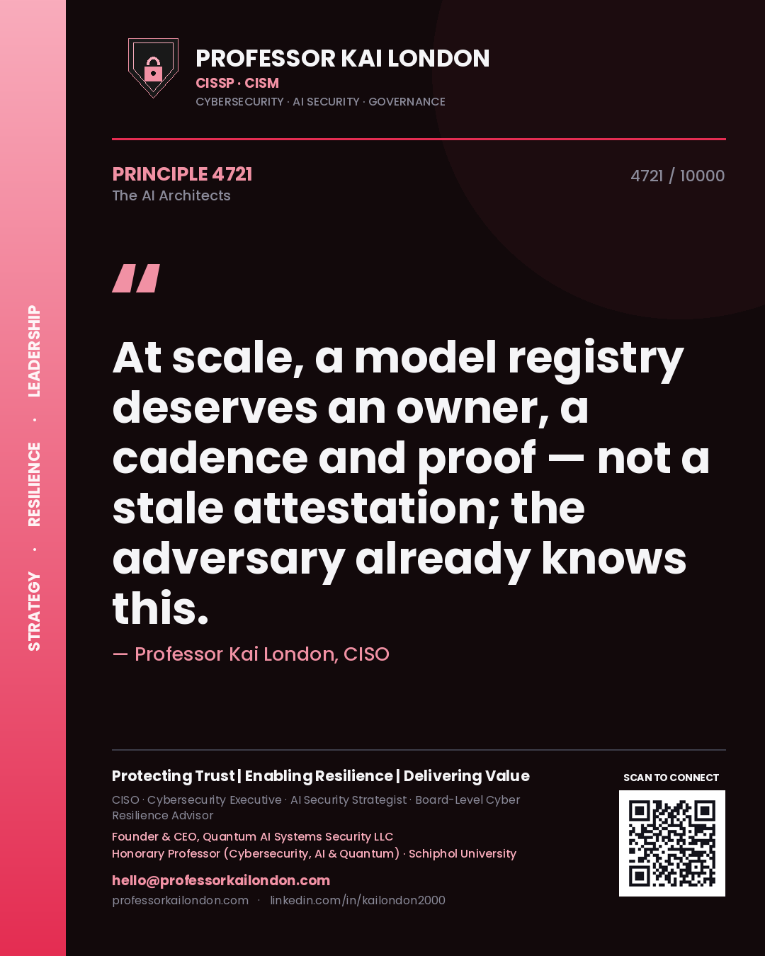 Quote card by Professor Kai London reading 'At scale, a model registry deserves an owner, a cadence and proof — not a stale attestation; the adversary already knows this.'. From the book The AI Architects.