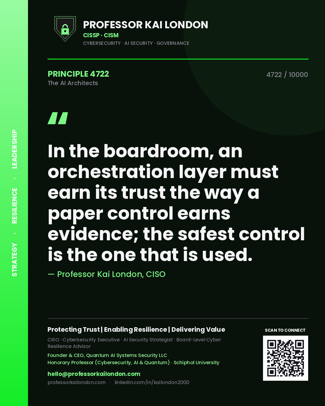 Quote card by Professor Kai London reading 'In the boardroom, an orchestration layer must earn its trust the way a paper control earns evidence; the safest control is the one that is used.'. From the book The AI Architects.