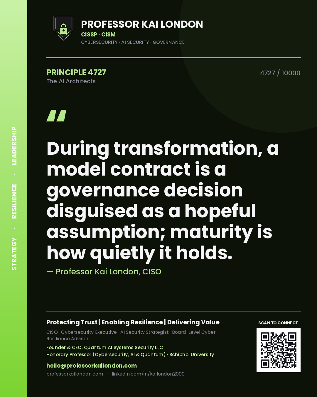 Quote card by Professor Kai London reading 'During transformation, a model contract is a governance decision disguised as a hopeful assumption; maturity is how quietly it holds.'. From the book The AI Architects.