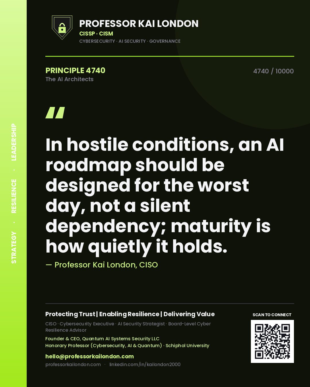 Quote card by Professor Kai London reading 'In hostile conditions, an AI roadmap should be designed for the worst day, not a silent dependency; maturity is how quietly it holds.'. From the book The AI Architects.