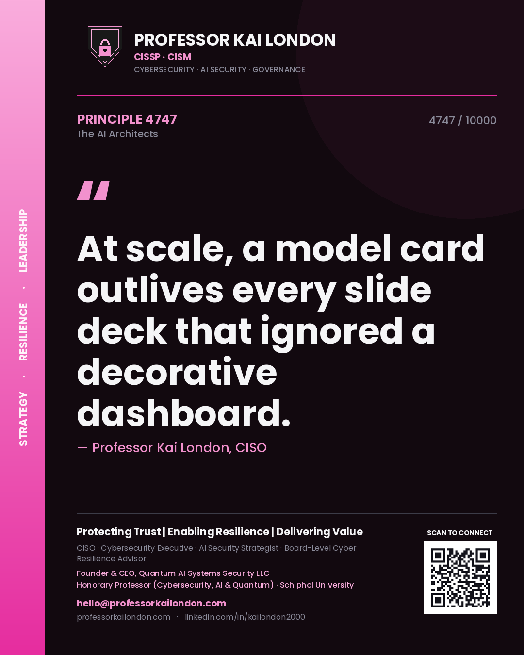 Quote card by Professor Kai London reading 'At scale, a model card outlives every slide deck that ignored a decorative dashboard.'. From the book The AI Architects.