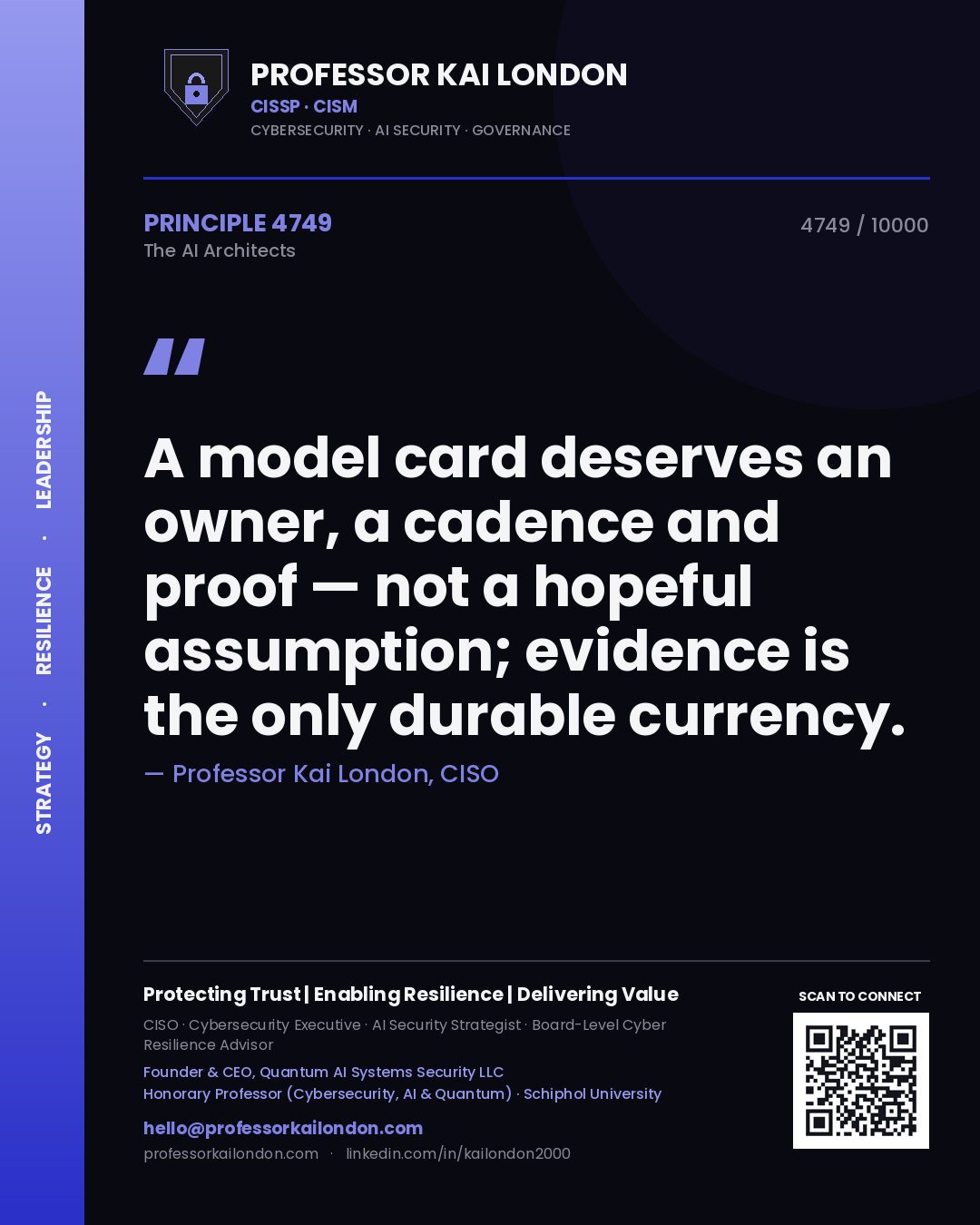Quote card by Professor Kai London reading 'A model card deserves an owner, a cadence and proof — not a hopeful assumption; evidence is the only durable currency.'. From the book The AI Architects.