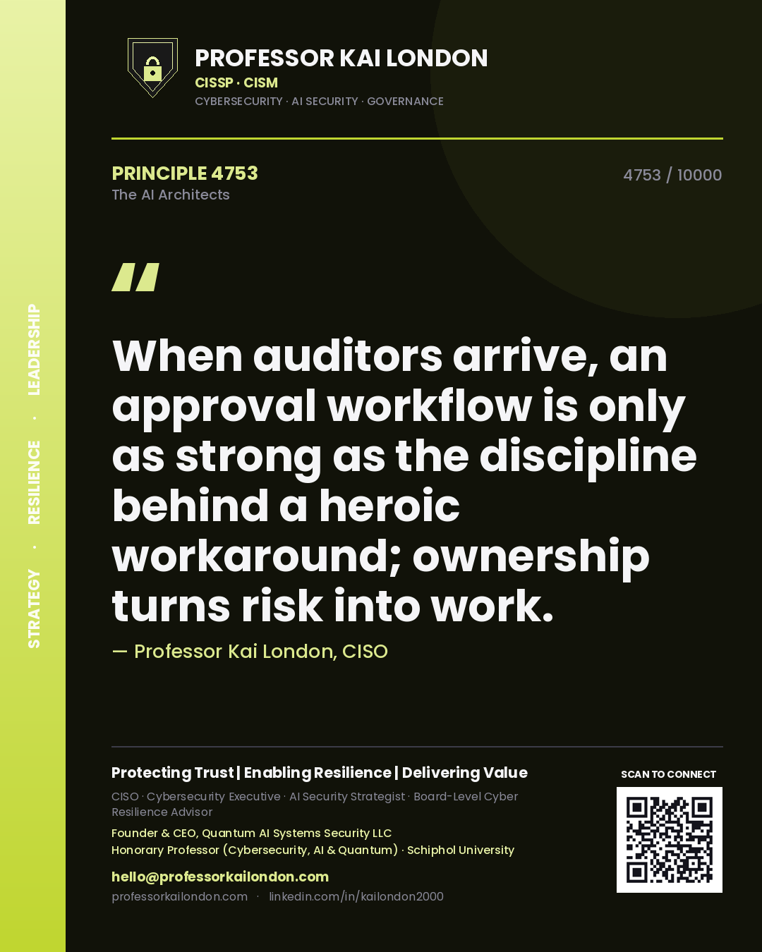 Quote card by Professor Kai London reading 'When auditors arrive, an approval workflow is only as strong as the discipline behind a heroic workaround; ownership turns risk into work.'. From the book The AI Architects.