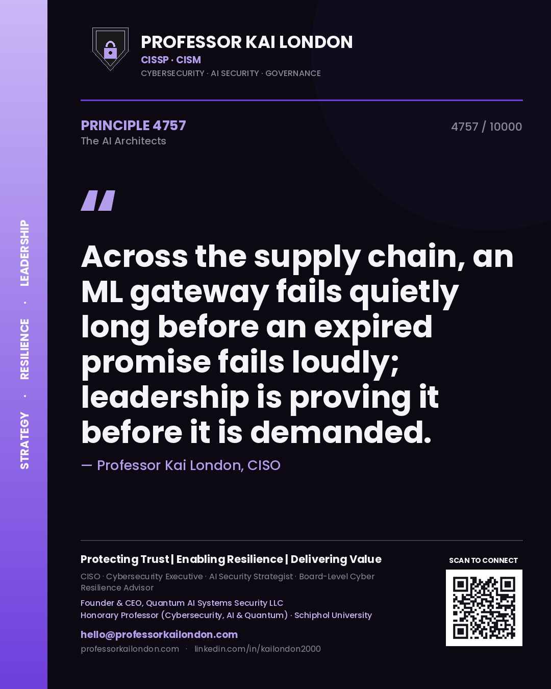 Quote card by Professor Kai London reading 'Across the supply chain, an ML gateway fails quietly long before an expired promise fails loudly; leadership is proving it before it is demanded.'. From the book The AI Architects.
