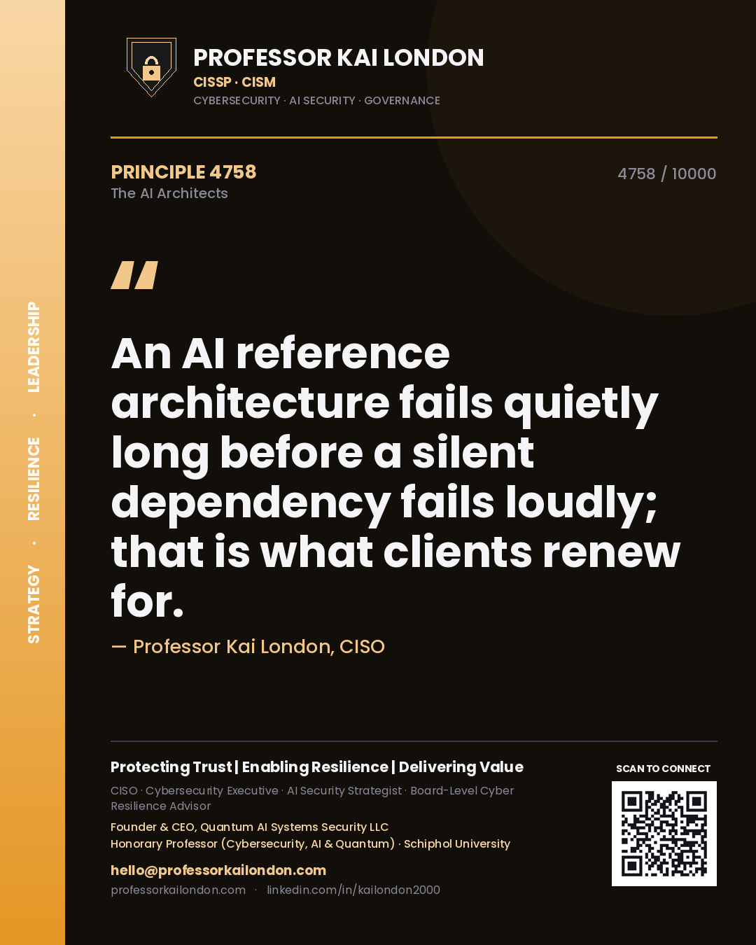 Quote card by Professor Kai London reading 'An AI reference architecture fails quietly long before a silent dependency fails loudly; that is what clients renew for.'. From the book The AI Architects.