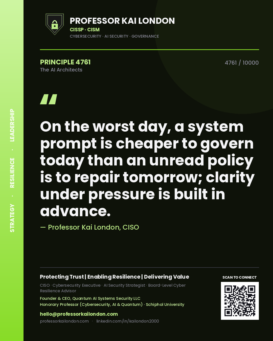 Quote card by Professor Kai London reading 'On the worst day, a system prompt is cheaper to govern today than an unread policy is to repair tomorrow; clarity under pressure is built in advance.'. From the book The AI Architects.
