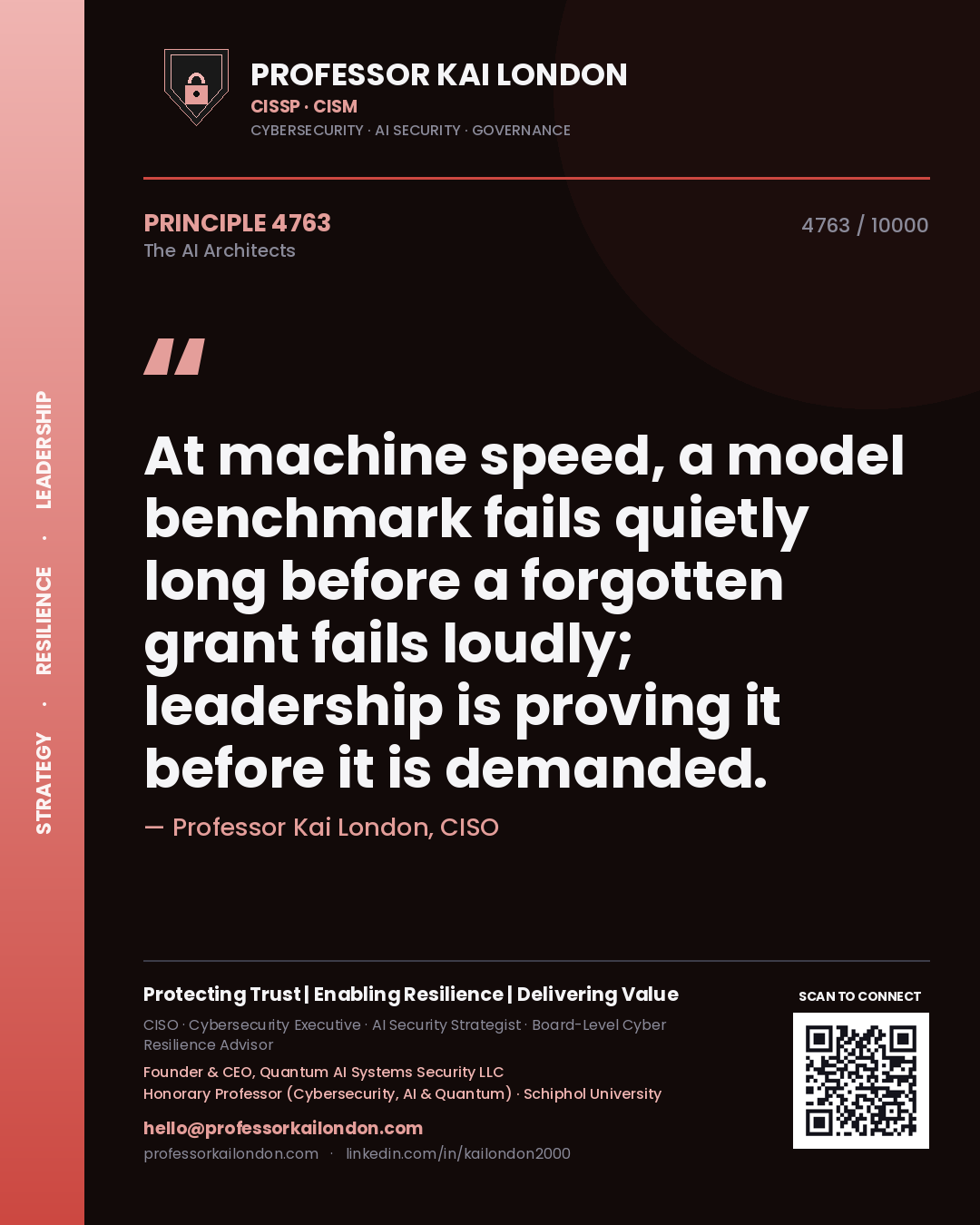 Quote card by Professor Kai London reading 'At machine speed, a model benchmark fails quietly long before a forgotten grant fails loudly; leadership is proving it before it is demanded.'. From the book The AI Architects.