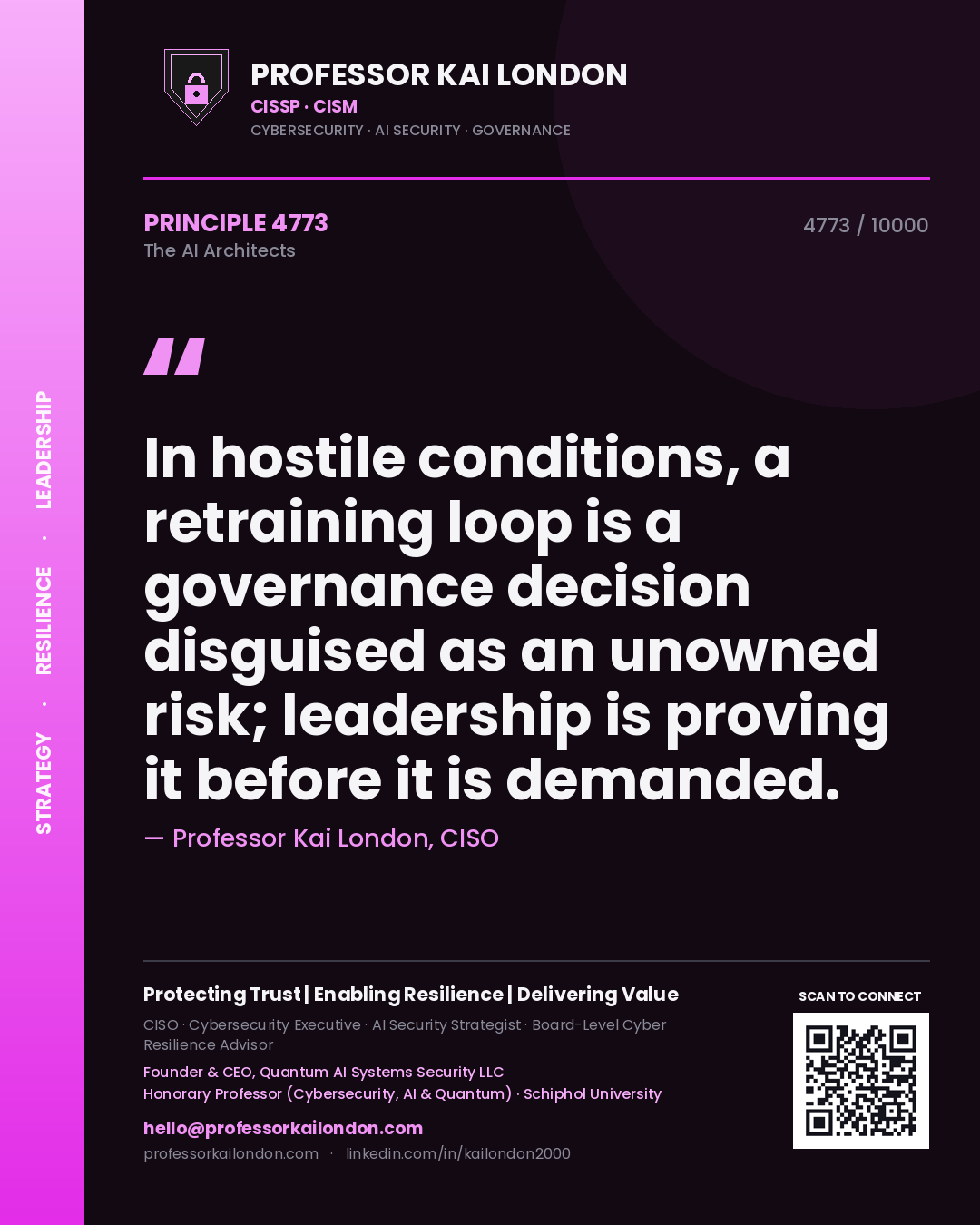 Quote card by Professor Kai London reading 'In hostile conditions, a retraining loop is a governance decision disguised as an unowned risk; leadership is proving it before it is demanded.'. From the book The AI Architects.