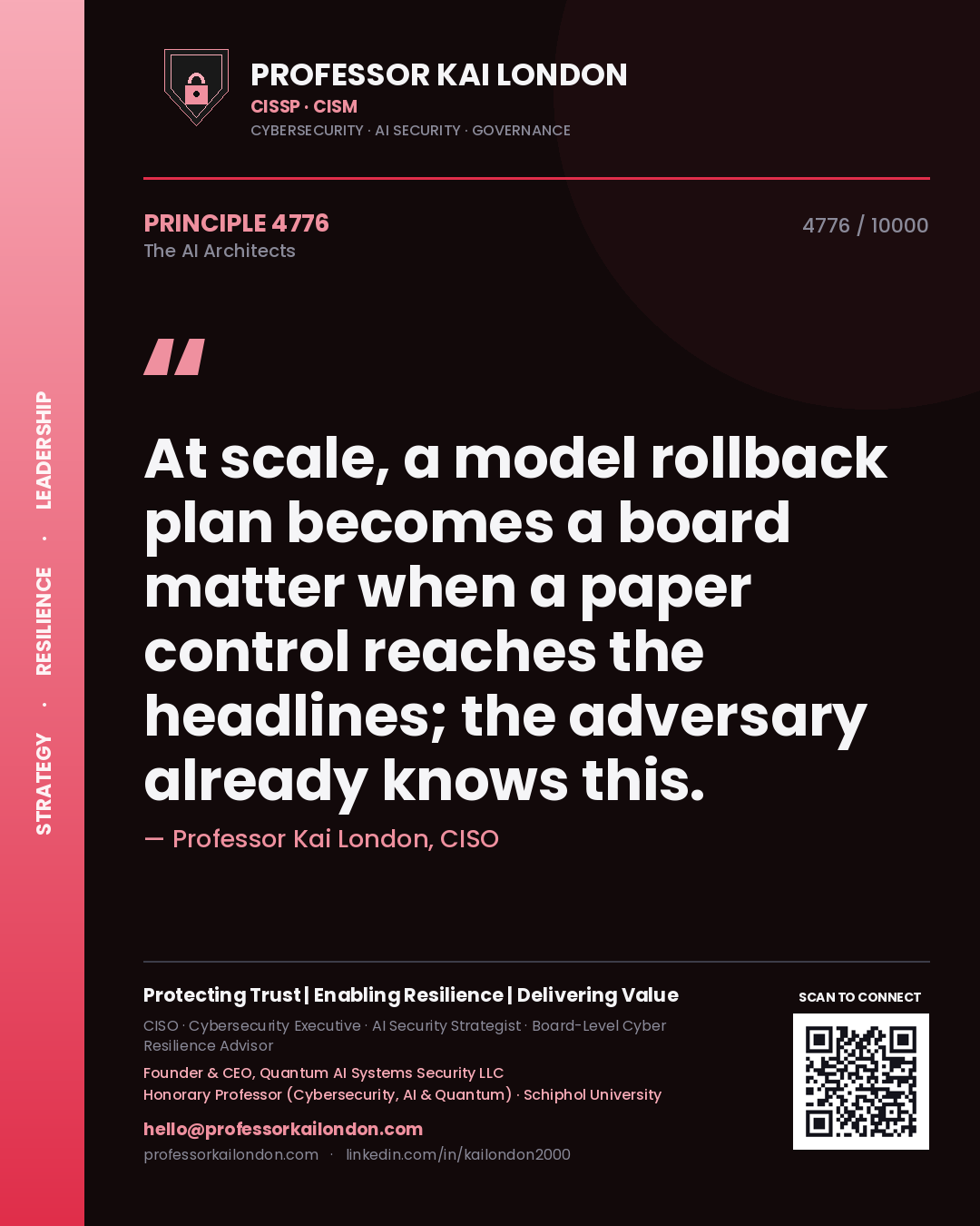 Quote card by Professor Kai London reading 'At scale, a model rollback plan becomes a board matter when a paper control reaches the headlines; the adversary already knows this.'. From the book The AI Architects.