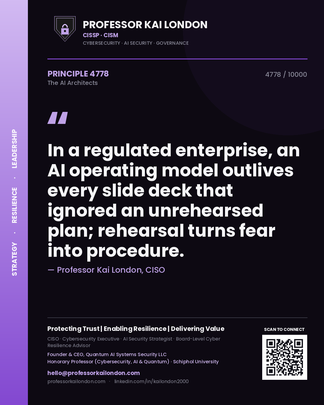 Quote card by Professor Kai London reading 'In a regulated enterprise, an AI operating model outlives every slide deck that ignored an unrehearsed plan; rehearsal turns fear into procedure.'. From the book The AI Architects.