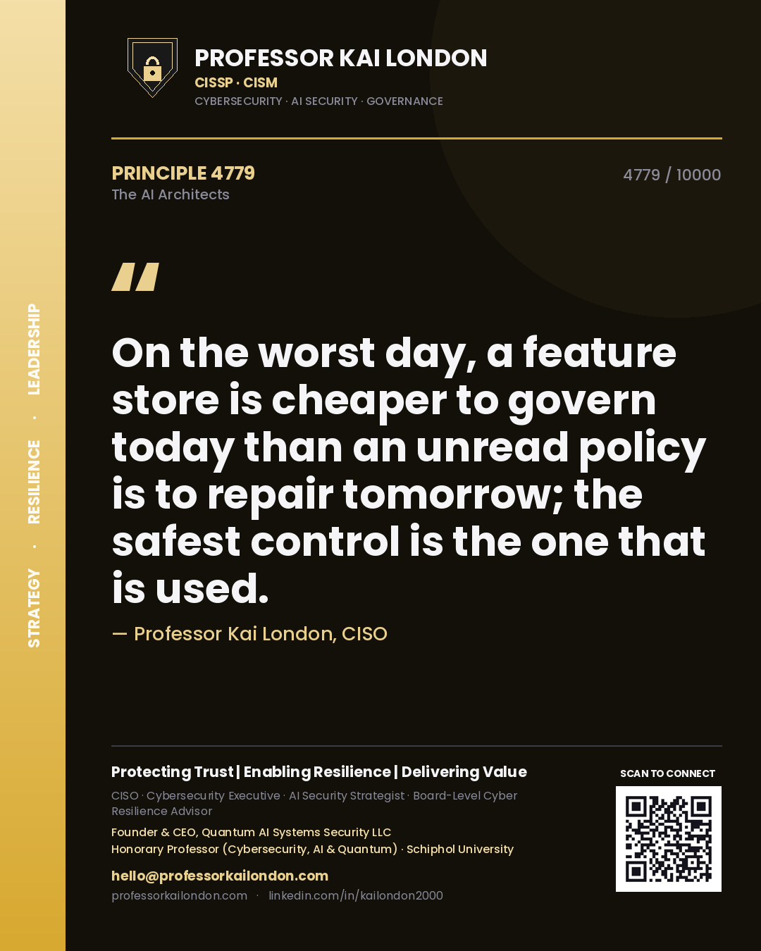 Quote card by Professor Kai London reading 'On the worst day, a feature store is cheaper to govern today than an unread policy is to repair tomorrow; the safest control is the one that is used.'. From the book The AI Architects.