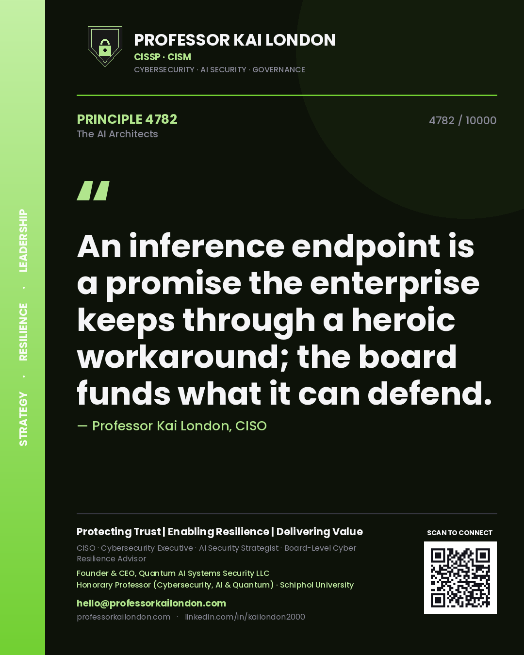 Quote card by Professor Kai London reading 'An inference endpoint is a promise the enterprise keeps through a heroic workaround; the board funds what it can defend.'. From the book The AI Architects.