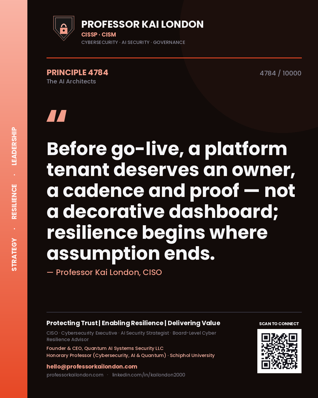 Quote card by Professor Kai London reading 'Before go-live, a platform tenant deserves an owner, a cadence and proof — not a decorative dashboard; resilience begins where assumption ends.'. From the book The AI Architects.