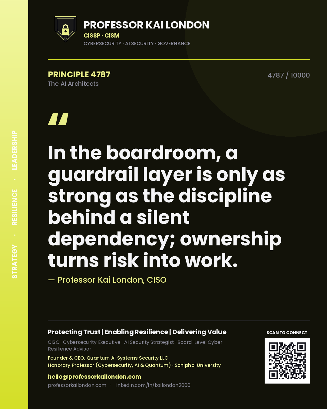 Quote card by Professor Kai London reading 'In the boardroom, a guardrail layer is only as strong as the discipline behind a silent dependency; ownership turns risk into work.'. From the book The AI Architects.