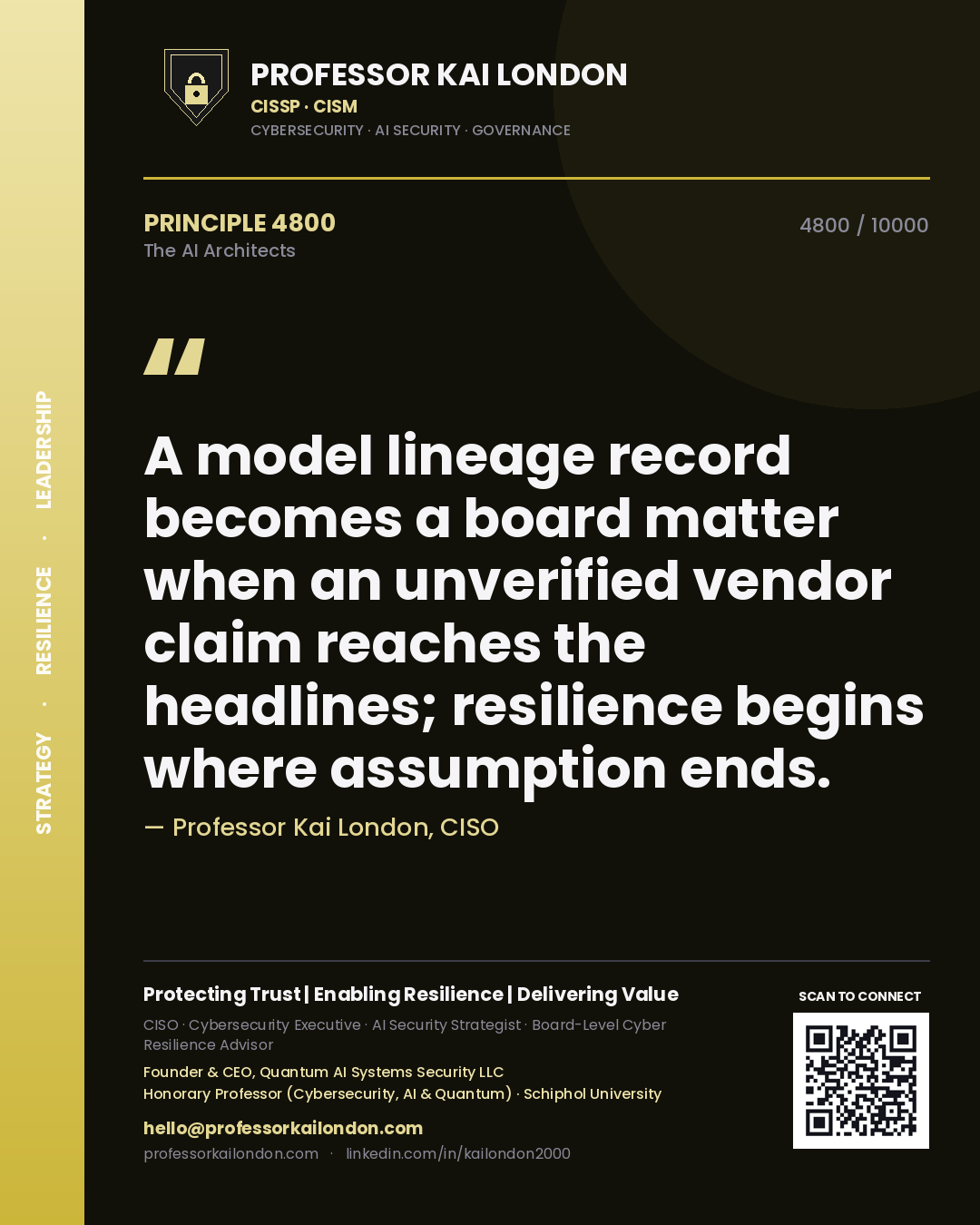 Quote card by Professor Kai London reading 'A model lineage record becomes a board matter when an unverified vendor claim reaches the headlines; resilience begins where assumption ends.'. From the book The AI Architects.