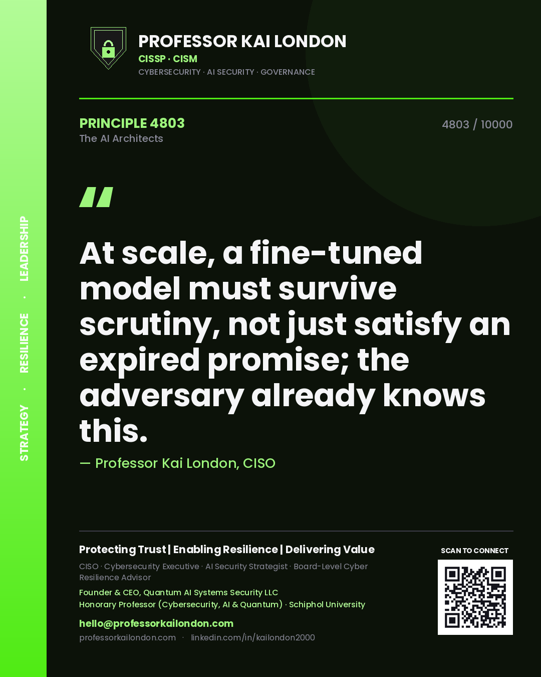 Professor Kai London principle 4803: At scale, a fine-tuned model must survive scrutiny, not just satisfy an expired promise; the adversary already knows this.