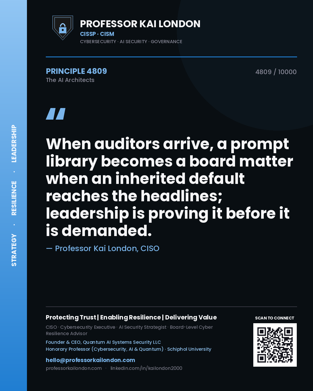 Professor Kai London principle 4809: When auditors arrive, a prompt library becomes a board matter when an inherited default reaches the headlines; leadership is proving it before it is demanded.