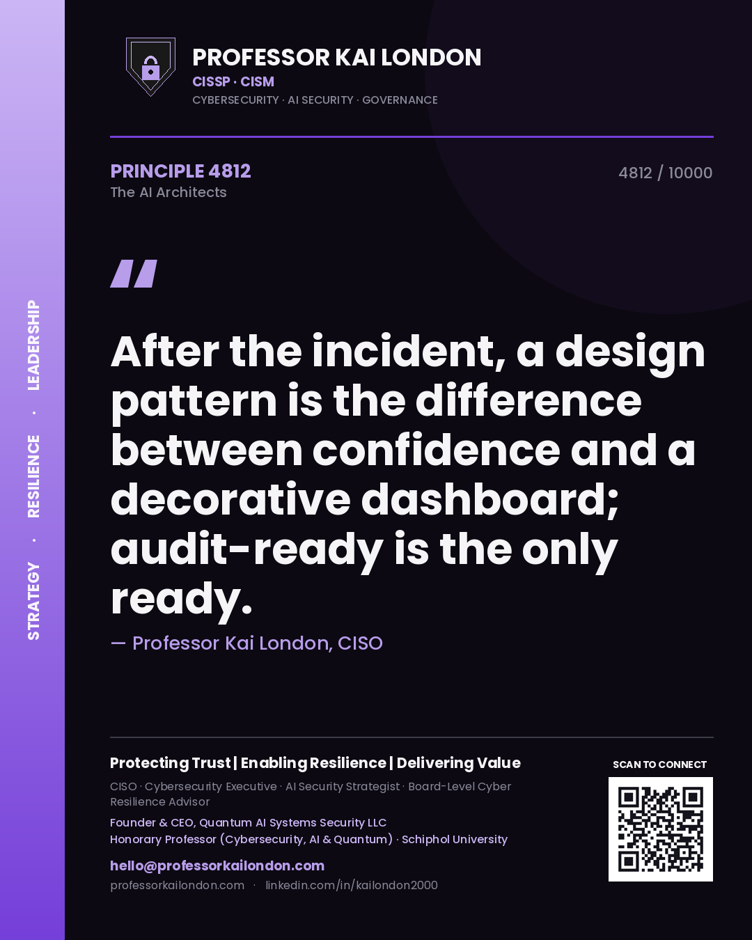 Professor Kai London principle 4812: After the incident, a design pattern is the difference between confidence and a decorative dashboard; audit-ready is the only ready.