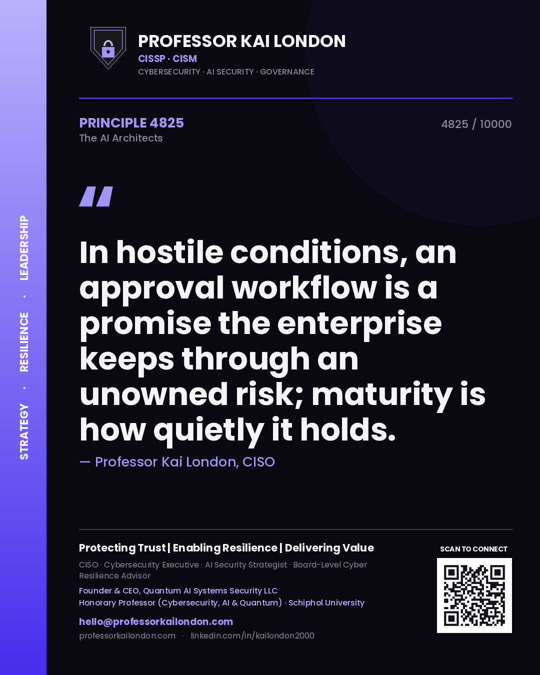 Professor Kai London principle 4825: In hostile conditions, an approval workflow is a promise the enterprise keeps through an unowned risk; maturity is how quietly it holds.