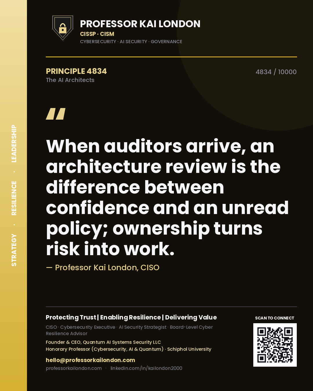 Professor Kai London principle 4834: When auditors arrive, an architecture review is the difference between confidence and an unread policy; ownership turns risk into work.