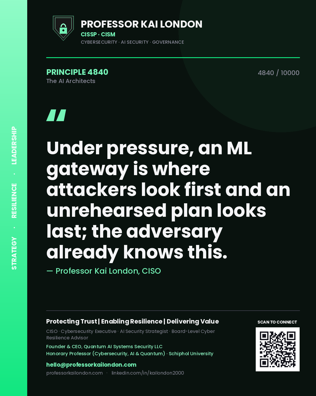 Professor Kai London principle 4840: Under pressure, an ML gateway is where attackers look first and an unrehearsed plan looks last; the adversary already knows this.