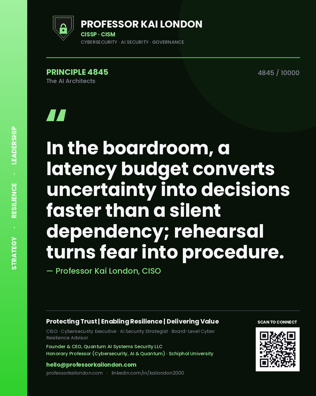 Quote card by Professor Kai London reading 'In the boardroom, a latency budget converts uncertainty into decisions faster than a silent dependency; rehearsal turns fear into procedure.'. From the book The AI Architects.