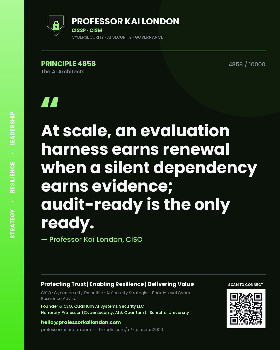 Professor Kai London principle 4858: At scale, an evaluation harness earns renewal when a silent dependency earns evidence; audit-ready is the only ready.