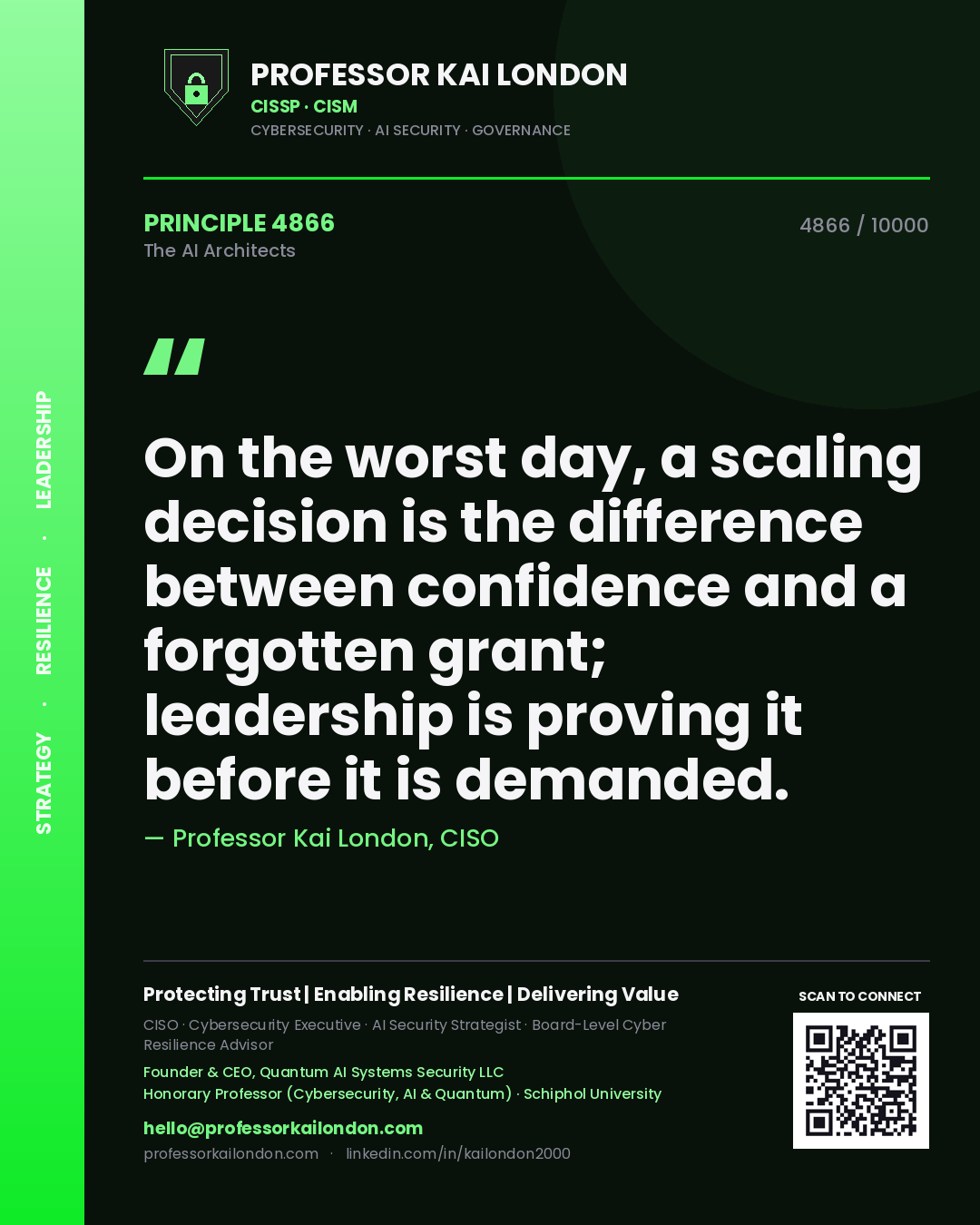 Quote card by Professor Kai London reading 'On the worst day, a scaling decision is the difference between confidence and a forgotten grant; leadership is proving it before it is demanded.'. From the book The AI Architects.